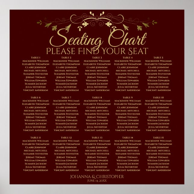 Poster 15 Table Gold & Auburn Brown Mariage Seating Chart (Devant)