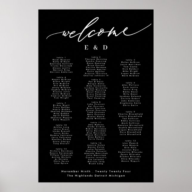 Poster 15 table Noir Calligraphie Mariage Bienvenue Siège (Devant)