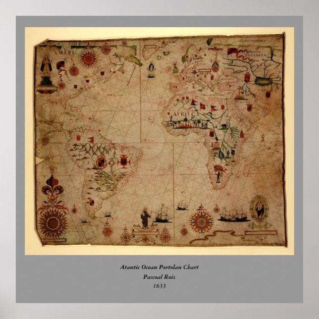 Poster 1633 Atantic Ocean Portolan Chart - Pascoal Roiz (Devant)