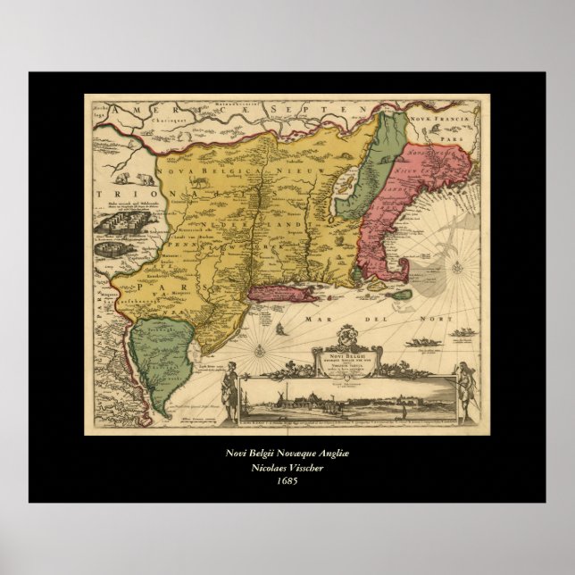 Poster 1685 Map - New Belgium, The New World, New England (Devant)