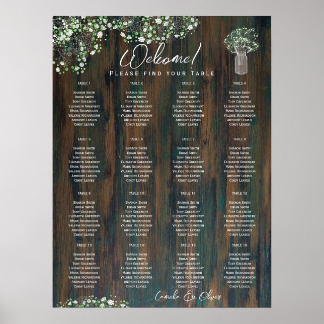 Poster 16 Table Bois rustique Gypsophila SEATING CHART Mo (Devant)