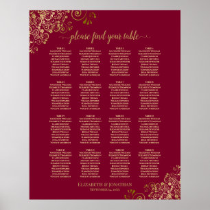 Poster 16 Table Elegant Burgundy & Gold Seating Chart