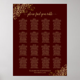 Poster 16 Table Lacy Gold Wedding Seating Chart Auburn