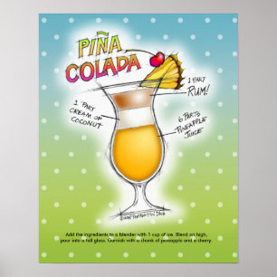 POSTER 16" X 20" - PINA COLADA RECIPE COCKTAIL ART