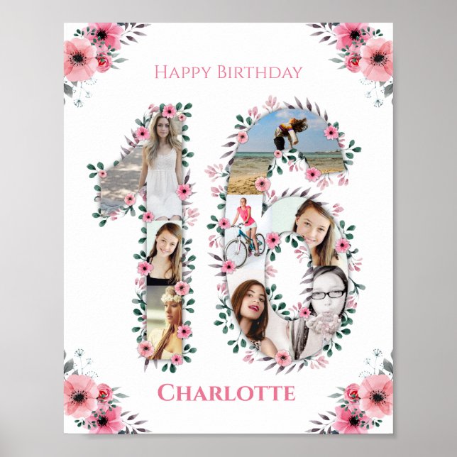 Poster 16e anniversaire Fille rose Photo Collage Blanc (Devant)