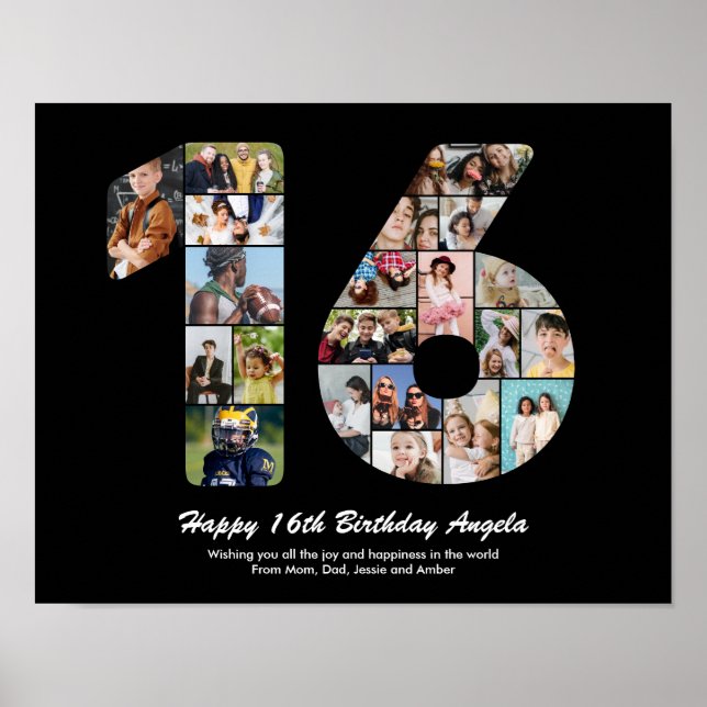 Poster 16e Anniversaire Numéro 16 Collage Photo Personnal (Devant)