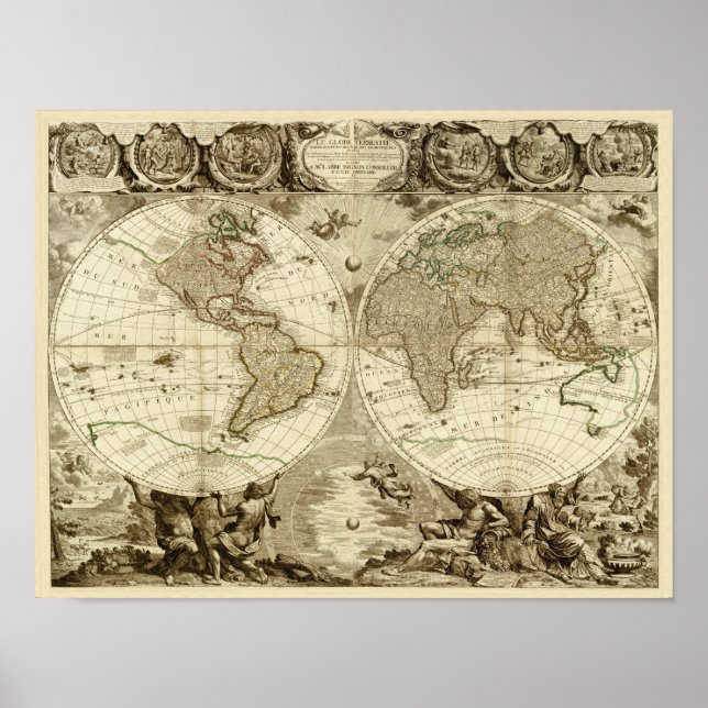 Poster 1708 World Map by Jean Baptiste Nolin (Devant)