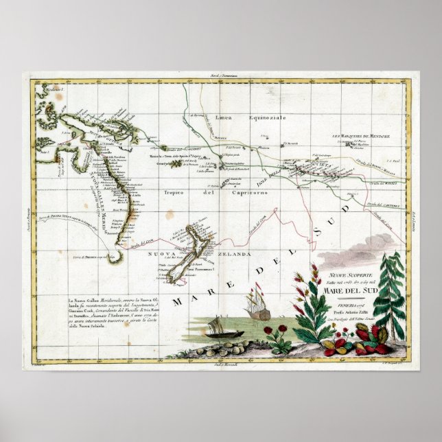Poster 1776 Carte des voyages du capitaine Cook (Devant)