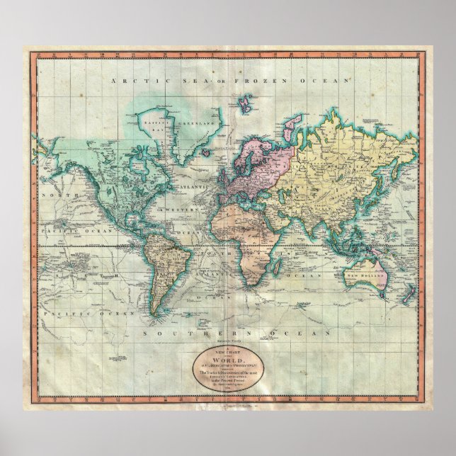 Poster 1801 Cary Map of the World on Mercator Projection (Devant)
