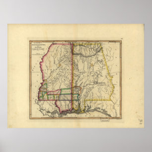 Poster 1810's Map of Mississippi & Alabama