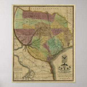 Poster 1837 Texas Map avec des parties des États adjacent