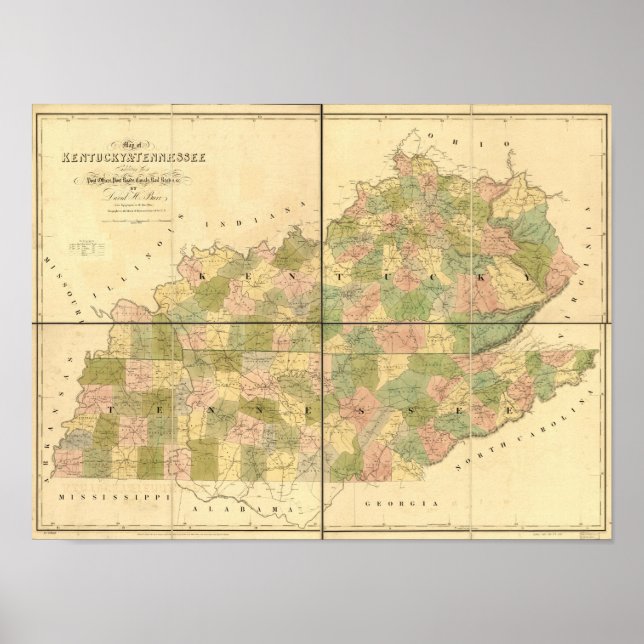 Poster 1839 Carte des voies et routes du Tennessee et du  (Devant)