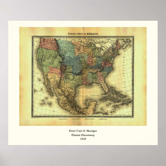 Poster 1848 Thunot Duvotenay Map: Budget-Unis & mexique (Devant)