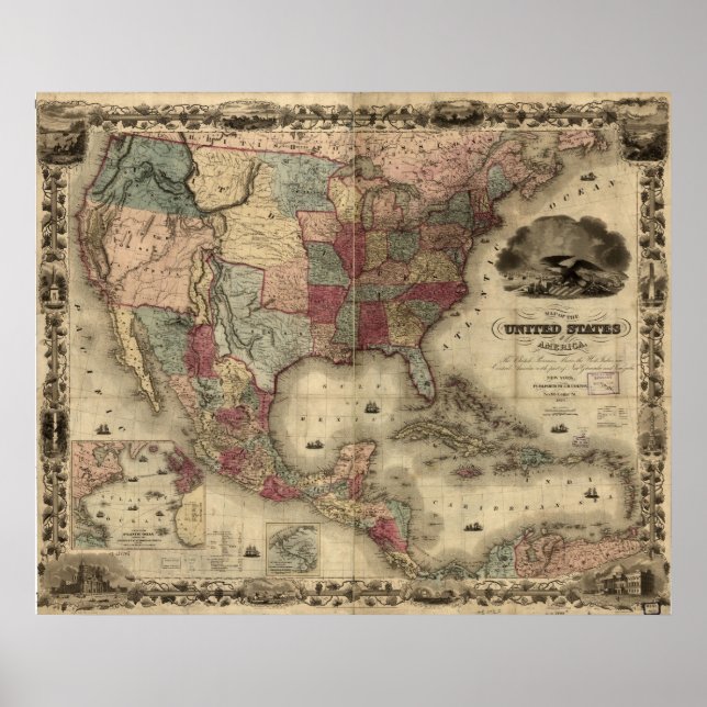 Poster 1850 Carte des États-Unis d'Amérique (Devant)