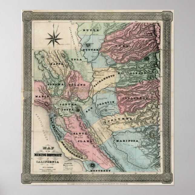 Poster 1851 Carte du district minier de Californie (Devant)