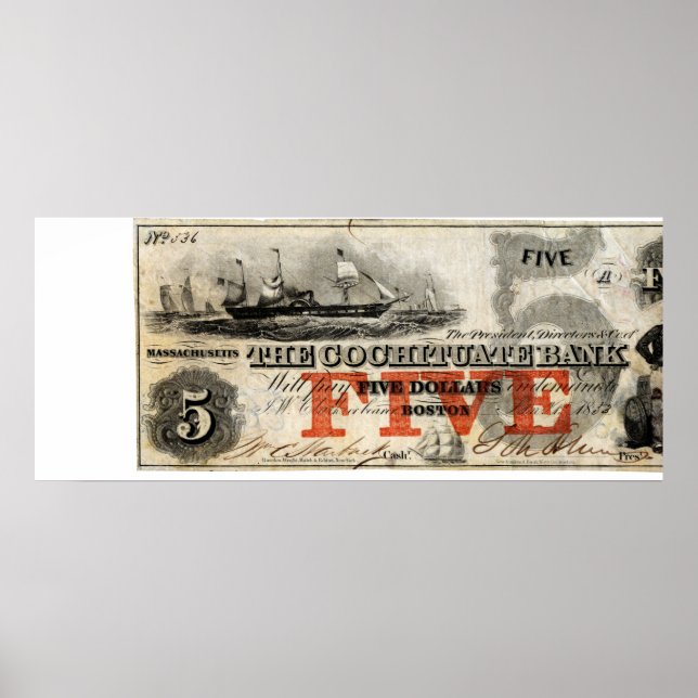 Poster 1853 Note de banque Cochituate de cinq dollars (Devant)