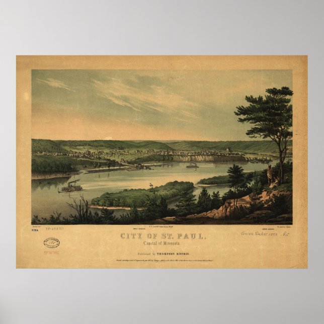 Poster 1853 Saint Paul, MN Oiseaux Vue panoramique Carte (Devant)