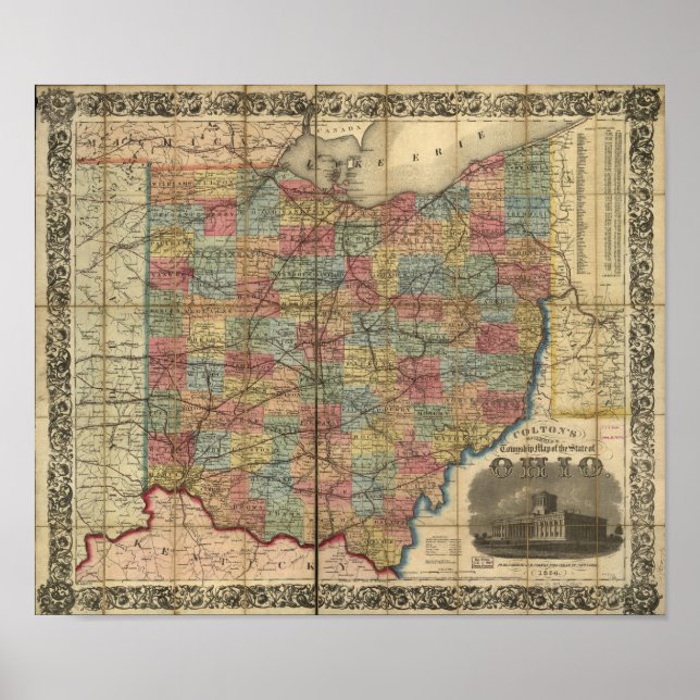 Poster 1854 Carte ferroviaire antique de l'Ohio (Devant)