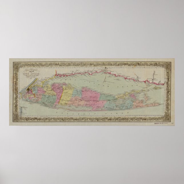 Poster 1857 Carte de Long Island, New York (Devant)