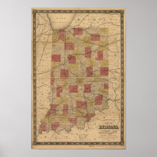 Poster 1858 Carte de l'Indiana représentant les Rails et 