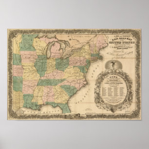 Poster 1858 Carte ferroviaire antique des États-Unis