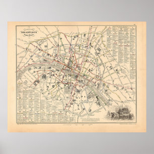 Poster 1858 Carte : Itineraire des Omnibus dans Paris Fra