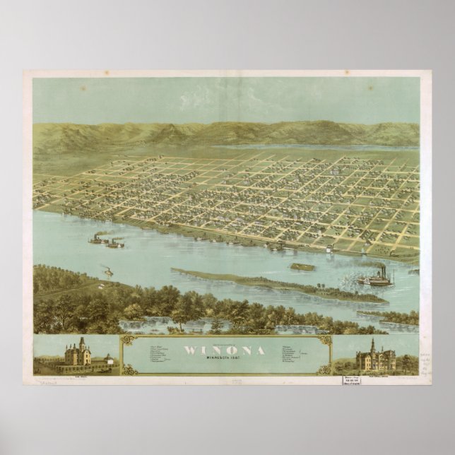 Poster 1867 Winona, MN Oiseaux Vue panoramique Carte (Devant)