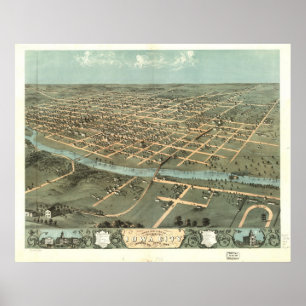 Poster 1868 Iowa City, carte panoramique de vue d'oeil