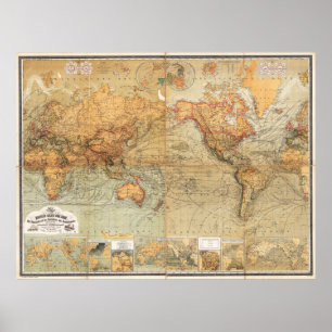 Poster 1870 Carte du monde de Baur et Bromme Projection d