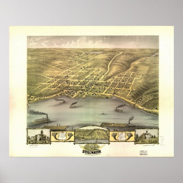 Poster 1870 Stillwater, MN Oiseaux Vue panoramique Carte (Devant)
