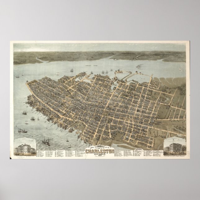Poster 1872 Charleston, SC Oiseaux Vue panoramique Carte (Devant)
