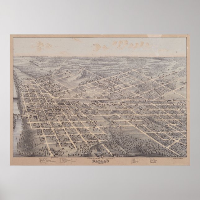 Poster 1872 Dallas, TX Oiseaux Vue panoramique Carte (Devant)