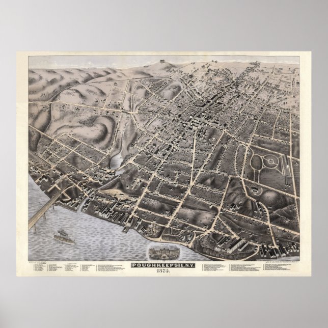 Poster 1874 Poughkeepsie, NY Oiseaux Vue panoramique Cart (Devant)