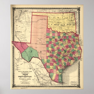 Poster 1875 Carte du Texas & Indian Territory (Oklahoma)