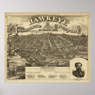 Poster 1875 Des Moines, carte panoramique de vue d'oeil