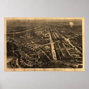 Poster 1876 Philadelphie, PA BALLOON Voir carte panoramiq
