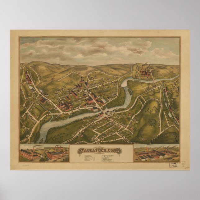 Poster 1877 Naugatuck CT Birds Eye View Panoramic Map (Devant)
