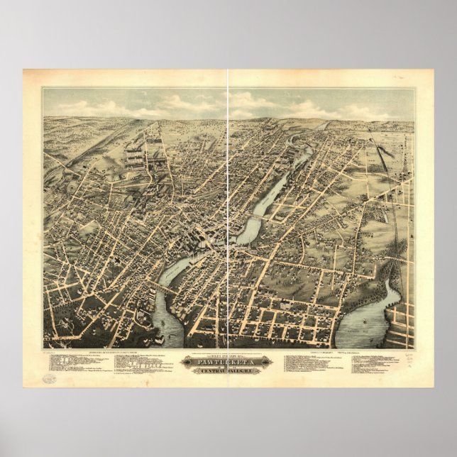 Poster 1877 Pawtucket, RI Birds Eye View Panoramic Map (Devant)