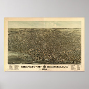 Poster 1880 Buffalo, NY Oiseaux Vue panoramique