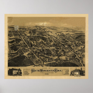 Poster 1880 South Manchester CT Birds Eye Panoramic Map
