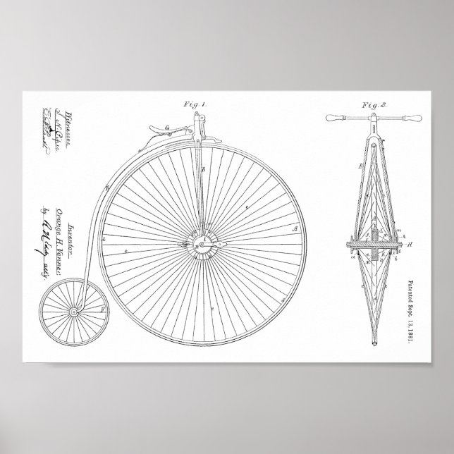 Poster 1881 Conception de vélos à grande roue Brevet d'ar (Devant)