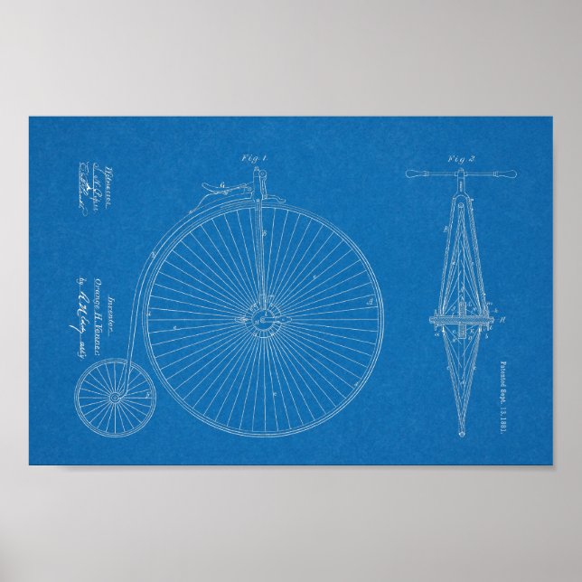 Poster 1881 Conception de vélos à grande roue Brevet d'ar (Devant)