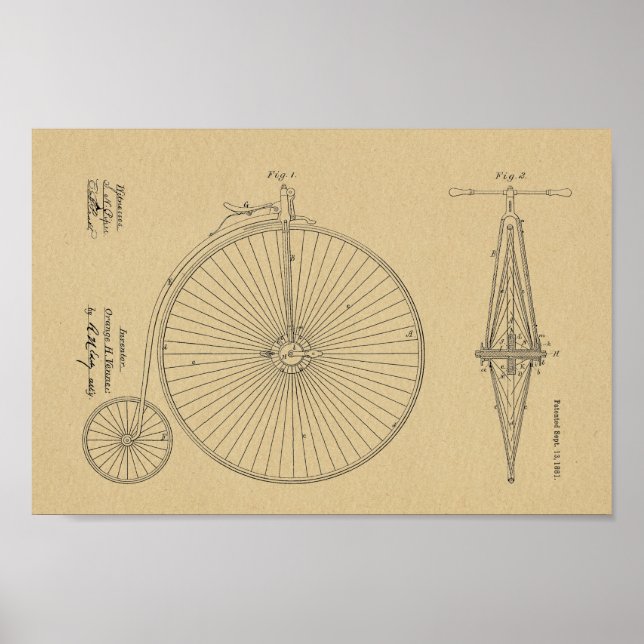 Poster 1881 Conception de vélos à grande roue Brevet d'ar (Devant)