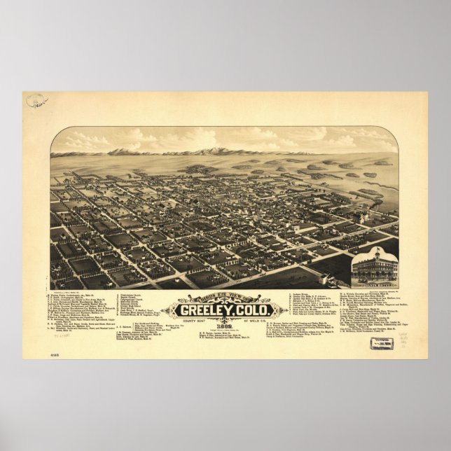Poster 1882 Greeley, CO Oiseaux Vue panoramique Carte (Devant)
