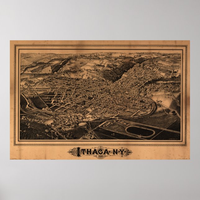 Poster 1882 Ithaca, NY Oiseaux Vue panoramique Carte (Devant)