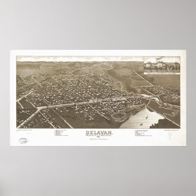 Poster 1884 Delavan, WI Birds Eye Panoramic Map (Devant)