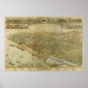 Poster 1885 Galveston, carte panoramique de vue d'oeil