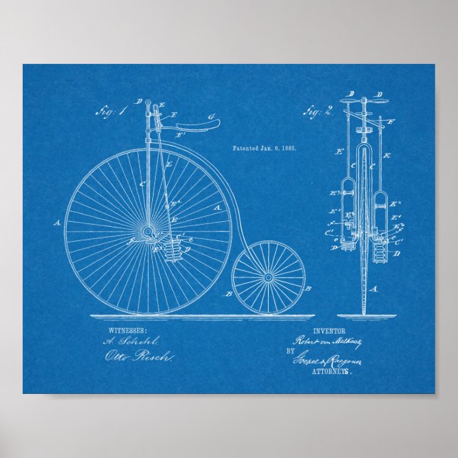 Poster 1885 Haute Roulette Conception de Vélo Brevet Art  (Devant)