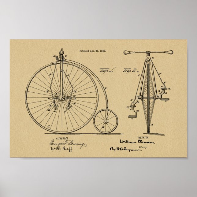 Poster 1885 Haute Roulette Conception de Vélo Brevet Art  (Devant)