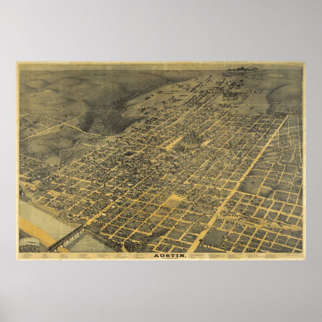 Poster 1887 Austin, TX Oiseau Vue panoramique (Devant)